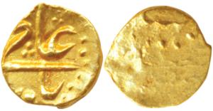 Gold ½ Fanam, 0.18g, mint name off flan, in the name of Shah Ali Gauhar (Shah Alam II). Ex