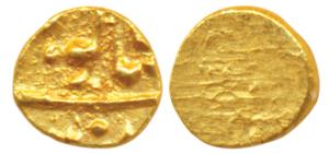 Gold ½ Fanam, mint name off flan, in the name of Shah Ali Gauhar (Shah Alam II). Uniface. 