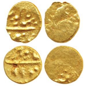 Gold ½ Fanam (2), 0.18g, mint name off flan, in the name of Shah Ali Gauhar (Shah Alam II)
