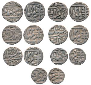 Madho Singh II (AH 1298-1341, 1880-1922 AD), Silver ½ (5) and ¼ Rupee (2), with the name o