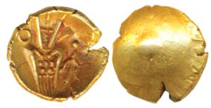Coromandel Coast, Tuticorin Gold Fanam, 0.35g, obv. degenerate Kali with a trident to righ