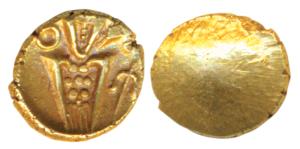 Coromandel Coast, Tuticorin Gold Fanam, 0.36g, obv. degenerate Kali with a trident to righ
