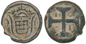 Diu, Maria I (1777-1816 AD), Tin 20 Bazarucos, 15g, 1801 AD, obv. crowned arms, rev. date 