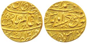 Muhammadabad Banaras Mint, Gold Mohur, 10.9g, in the name of Shah Alam II, fish, sun-burst