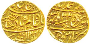 Muhammadabad Banaras Mint, Gold Mohur, 10.8g, in the name of Shah Alam II, fish, sun-burst