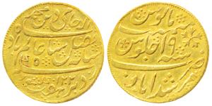 Murshidabad Mint, Gold ½ Mohur, 6.14g, in the name of Shah Alam II, AH 1202/19, oblique mi