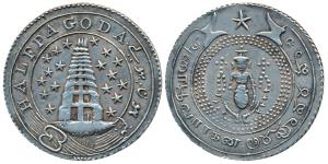 Silver ½ Pagoda, 2nd issue, 1808, value in English and Persian on ribbon around Gopuram on