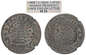 Silver ½ Pagoda, 2nd issue, 1808, value in English and Persian on ribbon around Gopuram on