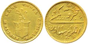 Gold Rupees 5 or 1/3 Mohur, 3.87g, obv. company arms with a lion holding a crown, rev. Per