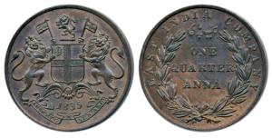 Copper ¼ Anna, 1835, Madras Mint, 24 Berries (13 L+11 R), Y of COMPANY below a berry, shor