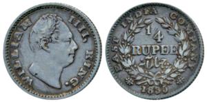 William IV, Silver ¼ Rupee, 1835, Calcutta Mint, Dug out F incuse, Wreath with 19 Berries 