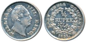 William IV, Silver ¼ Rupee, 1835, Calcutta Mint, Dug out F incuse, Broken wreath with 18 B