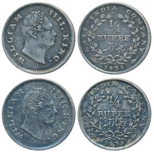 William IV, Silver ¼ Rupee (2), 1835, Bombay Mint, No initials, Wreath with 20 Berries (10