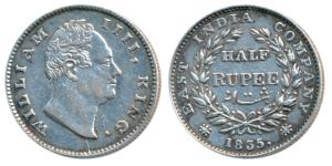 William IV, Silver ½ Rupee, 1835, Calcutta Mint, F raised, 19 Berries, Broken horizontal c