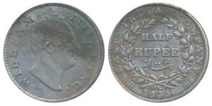 William IV, Silver ½ Rupee, 1835, Calcutta Mint, F incuse, 20 Berries, (Prid 69). About Ve