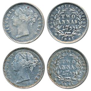 Victoria Queen, Silver 2 Annas (2), 1841, Divided Legend, Calcutta Mint, WW raised, 9 Berr