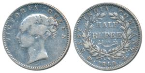 Victoria Queen, Silver ½ Rupee, 1840, Continuous Legend, Bombay Mint, English Head, 19 Ber