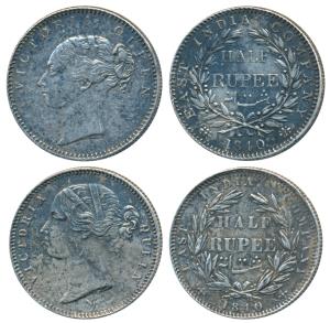 Victoria Queen, Silver ½ Rupee (2), 1840, Continuous legend and Divided legend. Very Fine+