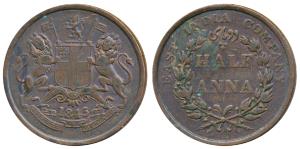 Copper ½ Anna, 1845, Calcutta Mint, coat of arms of the EIC and date on obv., value within