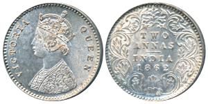 Victoria Queen, Silver 2 Annas, 1862, Calcutta Mint, A / I / No mint mark, (Prid 485). Unc