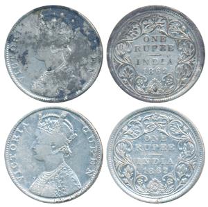 Victoria Queen, Silver Rupee, 1862, Madras Mint, B / II, Pineapple cone over O of ONE, elo