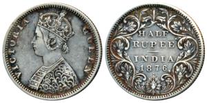 Victoria Queen, Silver ½ Rupee, 1876, Bombay Mint, B2 / II / dot, No Re engraving of hair 