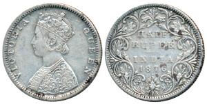 Victoria Queen, Silver ½ Rupee, 1876, Bombay Mint, B2 / II / dot, Re engraving of hair at 