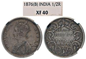 Victoria Queen, Silver ½ Rupee, 1876, Bombay Mint, B2 / II / dot, (Prid 287). Graded by NG