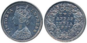Victoria Empress, Silver 2 Annas, 1901, Bombay Mint, B / I / B incuse, (Prid 555). Cleaned