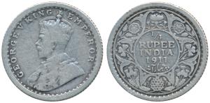 George V, Silver ¼ Rupee, 1911, Calcutta Mint, (Prid 440). About Very Fine, Rare.