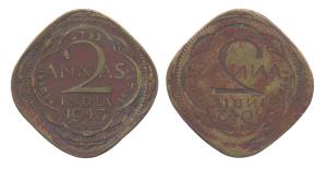 George VI, Nickel-Brass 2 Annas, 1943, Error, reverse Brockage, nice deep and complete lak