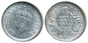 George VI, Half Silver ¼ Rupee, 1945, Bombay Mint, Rev Ia dot, Large 5 (Prid 470). Uncircu