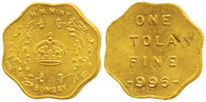 Bombay Mint, Token, Gold Tola, 11.65g, H M Mint, crown within wreath and Bombay below on o