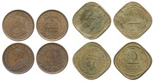 George V, Copper ½ Pice (2), 1912 and 1919; George VI, Nickel Brass 2 Annas (2), 1943 and 