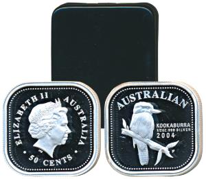 Australia, Elizabeth II, Silver Square 50 Cents, ½ oz, 15.56g, 2004, Kookaburra perched on