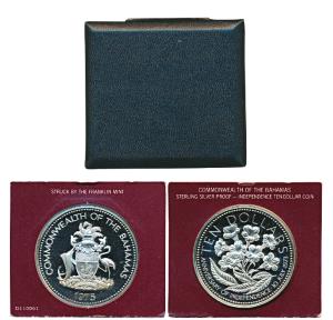 Bahamas, Silver 10 Dollars, 49.1g, 1975, Second anniversary of independence (KM 76a). Proo