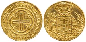 Brazil, Gold 4000 Reis, 7.88g, 1818, obv. cross in center, with rosettes on either side of