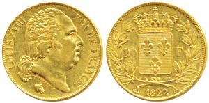 France, Louis XVIII, Gold 20 Francs, 6.37g, 1822, Paris Mint, rev. crowned arms divide den