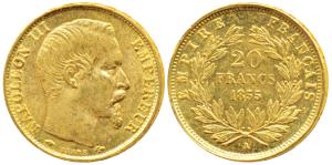 France, Napoleon III, Gold 20 Francs, 6.5g, 1855, Paris Mint, obv. bare head, rev. value a
