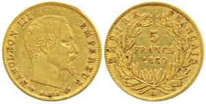 France, Napoleon III, Gold 5 Francs, 1.62g, 1860A, Paris Mint (KM 787.2). Very Fine.