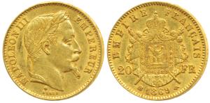 France, Napoleon III, Gold 20 Francs, 6.44g, 1869 A, Paris Mint, obv. laureate head, rev. 