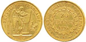 France, Gold 20 Francs, 6.49g, 1895, obv. standing winged Genius writing the constitution 