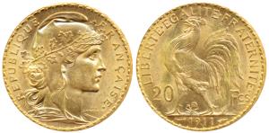 France, Gold 20 Francs, 6.45g, 1911, Liberty on obv. rooster divides value on rev. (KM 857
