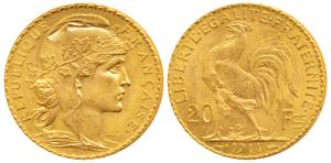 France, Gold 20 Francs, 6.45g, 1914, obv. Liberty head, rev. rooster divides value (KM 857