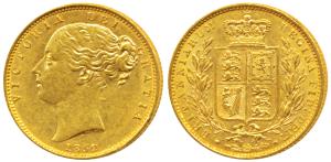 Great Britain, Victoria, Gold Sovereign, 8g, 1852, Young head, Shield on rev. (KM 736.1). 