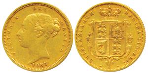 Great Britain, Victoria, Gold ½ Sovereign, 4g, 1887, Young head, Shield on rev. (KM 735.2)