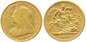 Great Britain, Victoria, Gold ½ Sovereign, 4g, 1896, Veiled head, (KM 784). About Very Fin