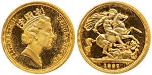 Great Britain, Queen Elizabeth, Gold Sovereign, 8g, 1997 (KM 943). Proof, in Mint State.