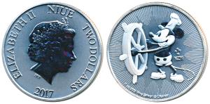 Niue, Elizabeth II, Silver $ 2, 31.29g, 2017 rev. an iconic image of Mickey Mouse the Walt