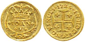 Portugal, Joao V, Gold 400 Reis or 480 Cruzado Novo, 1.10g, 1726, obv. crown with the name